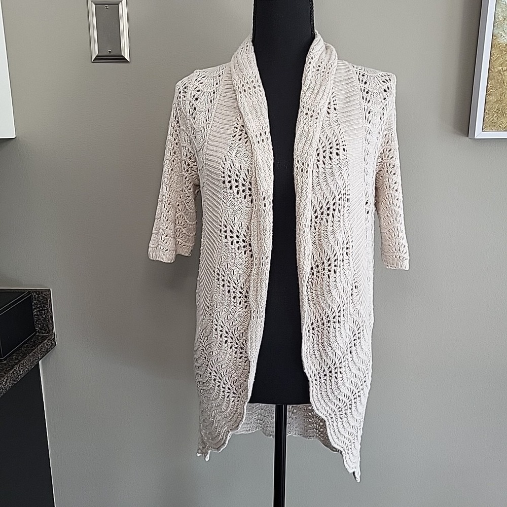Belldini Open Knit Crochet Cardigan 3/4 Sleeve Beige Womens Size Small